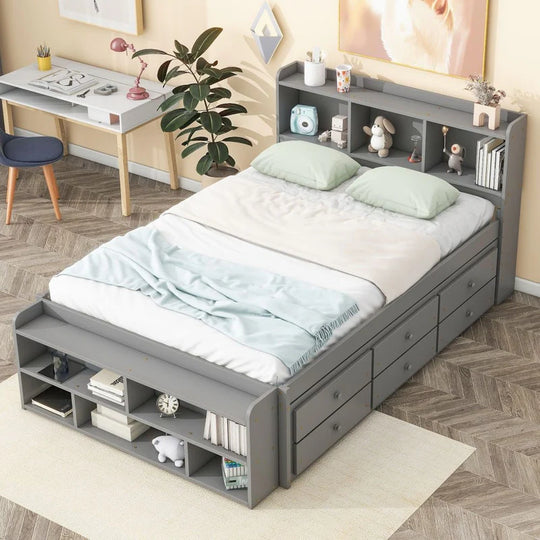 Storage Platform Bed with Bookcase Headboard,Drawers and Bed End Storage Case,Full Size