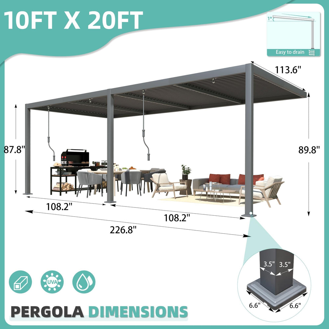 Outdoor Louvered Pergola Gazebo with Adjustable Aluminum Rainproof Roof and Pull-Down Screen