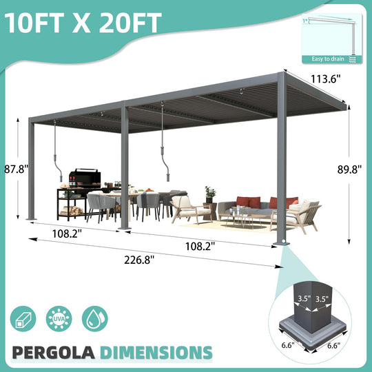 Outdoor Louvered Pergola Gazebo with Adjustable Aluminum Rainproof Roof and Pull-Down Screen