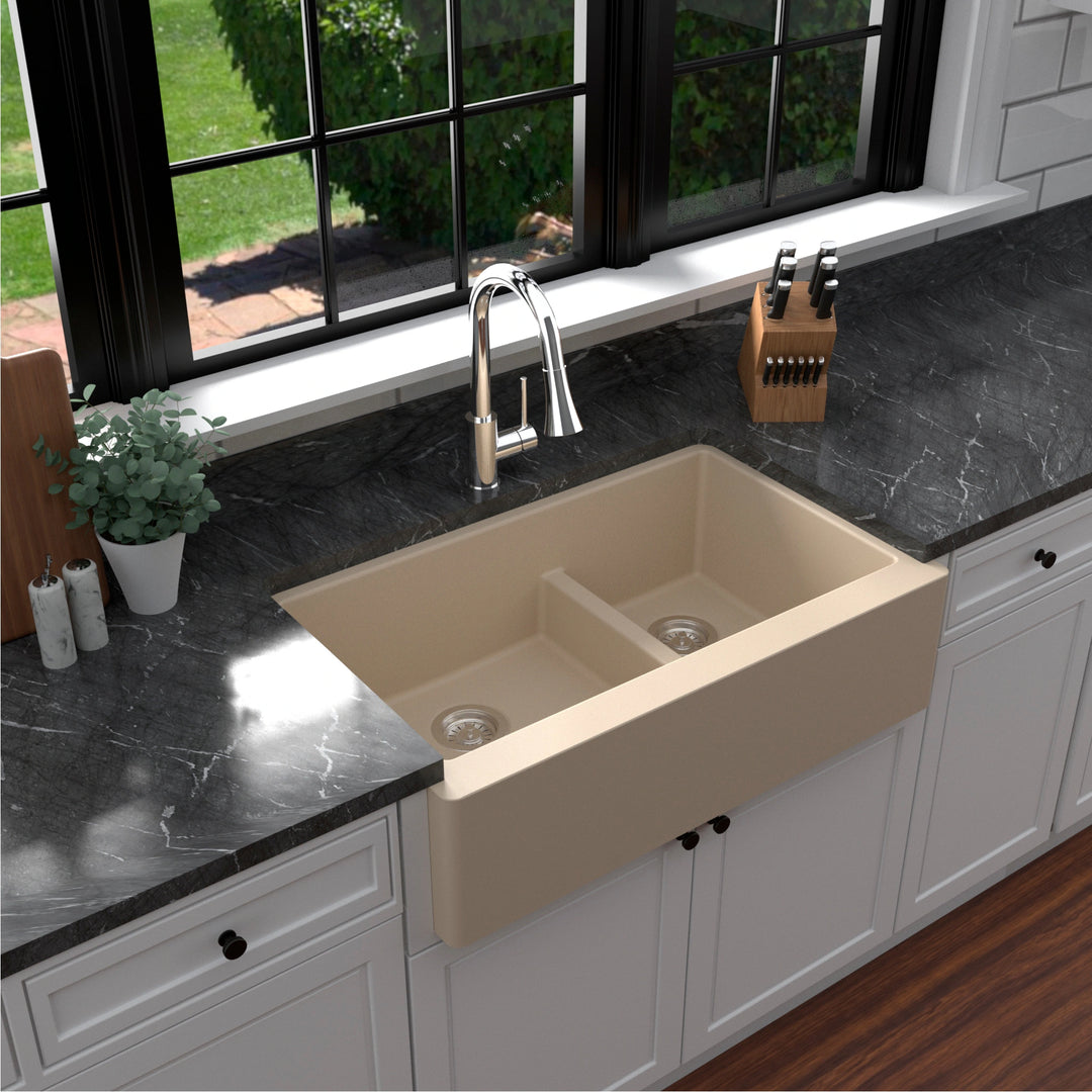 Farmhouse/Apron-Front Quartz Double Bowl Kitchen Sink