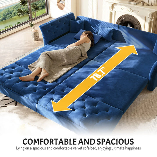 100" Velvet Convertible Sofa Bed with with Fabric Flower Tufted Design