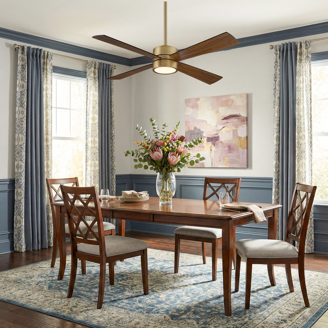 52" Antique Brass Plywood 4-Blade Indoor Ceiling Fan with Light and Remote