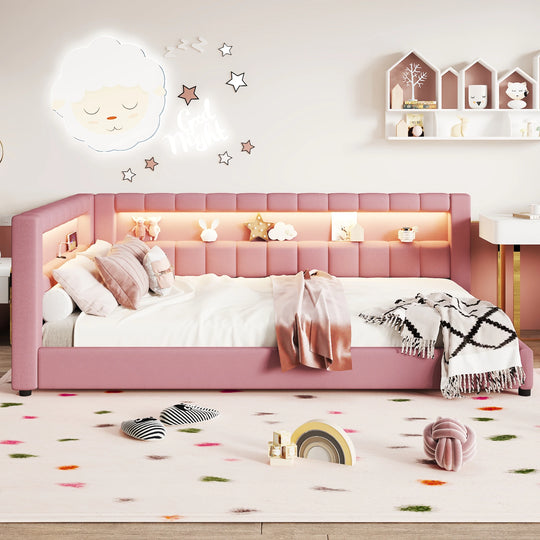 Upholstered Low-Profile Daybed Platform Bed Built-In USB Ports and LED Light Belt, Grounded Design with Padded Backrest