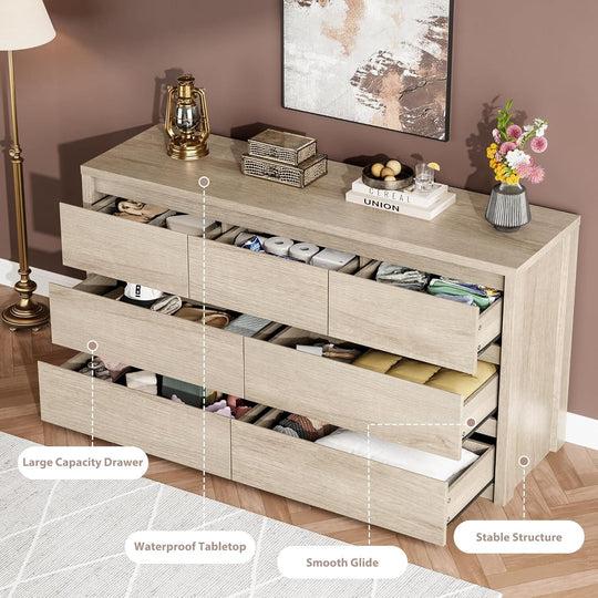 7-Drawer Dresser for Bedroom,Wide Wood Chest with Handle-Free Design,Modern Storage Cabinet for Living Room or Entryway