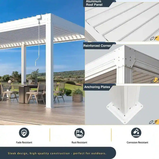 Outdoor Louvered Pergola Gazebo with Adjustable Aluminum Rainproof Roof and Pull-Down Screen