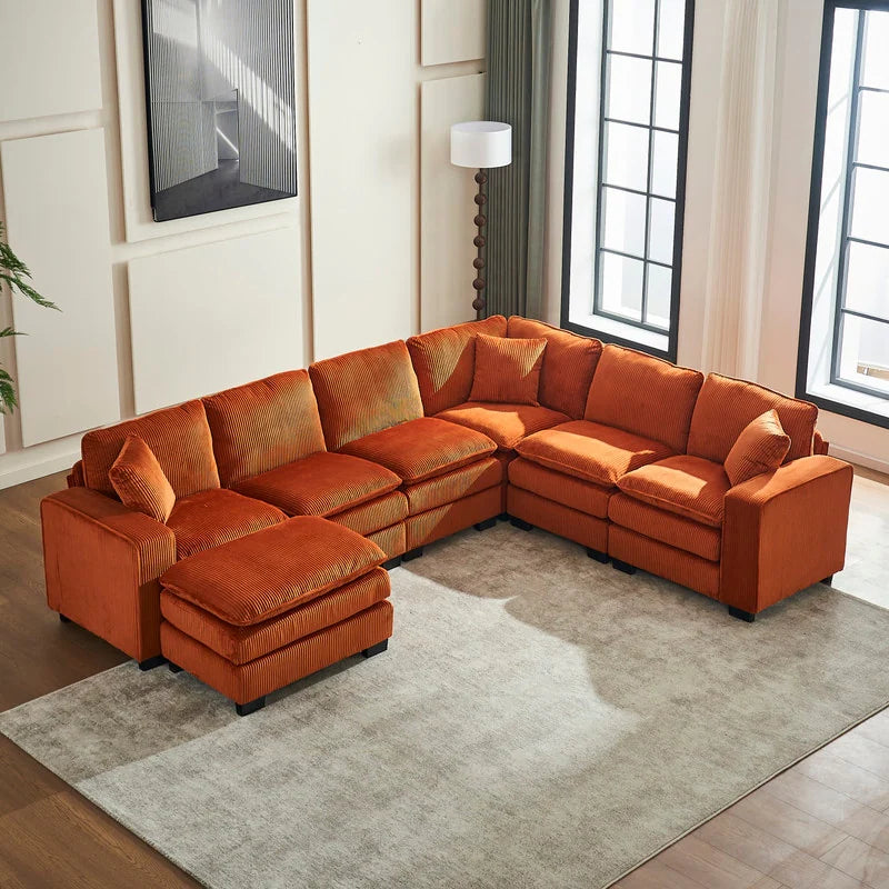 Modern U-Shaped 6-Seater Sectional Sofa with One Footstool