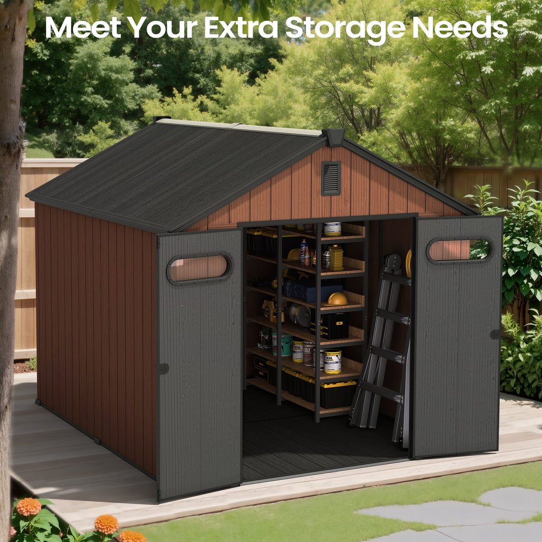 8X8/8X10/8X12 FT All-Weather Outdoor Resin Lockable Storage Shed with Windows Floor for Patio Furniture and Tools