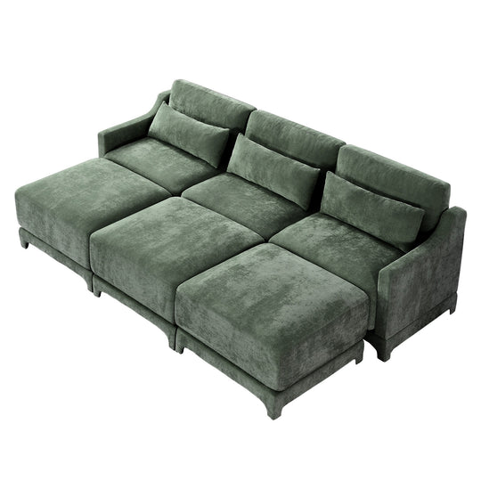 Modern Chenille 4-Seater Sofa with 2 Ottoman, Lumbar Cushions, Ergonomic Backrest, High-Resilience Spongeand Tufted Armrests
