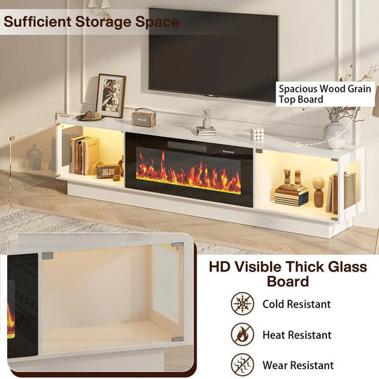 80" Fireplace TV Stand with Adjustable LED Lights, Modern Entertainment Center with Glass Door Storage Cabinet, Black
