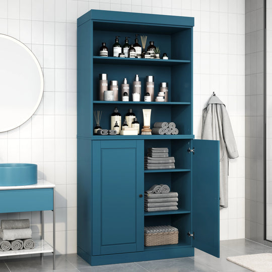 100% Solid Wood Bathroom & Laundry Storage Cabinet, Raised Panel Doors, Adjustable Shelves, 32" Wide, 71.5" Tall