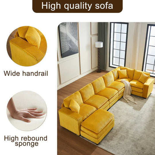 Modern U-Shaped 6-Seater Sectional Sofa with One Footstool