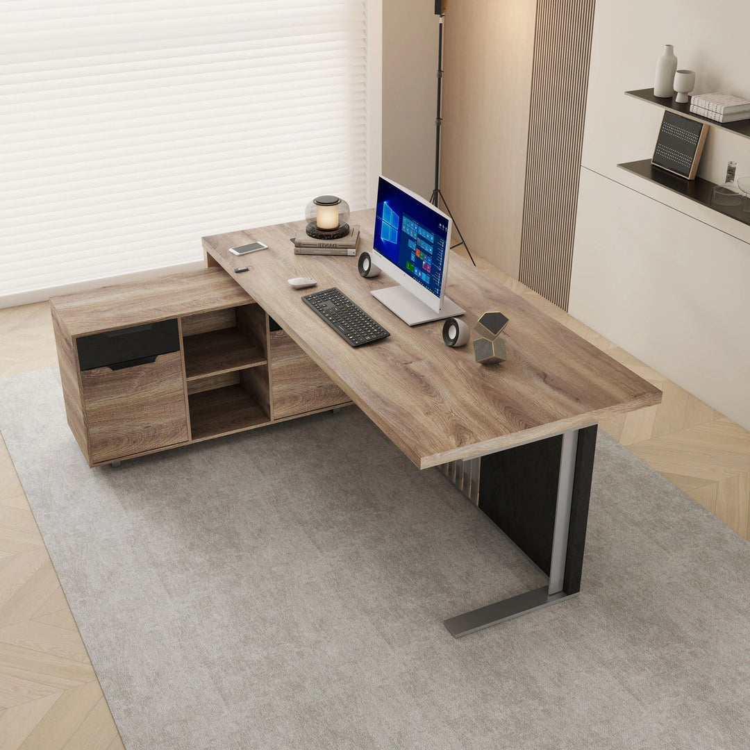 WESOME L-Shaped Executive Office Desk with 2 Drawers 4 Wheels File Cabinets Cable Management
