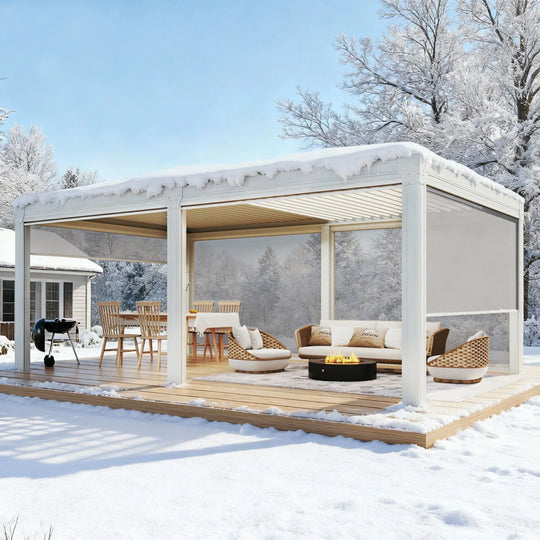 Outdoor Louvered Pergola Gazebo with Adjustable Aluminum Rainproof Roof and Pull-Down Screen