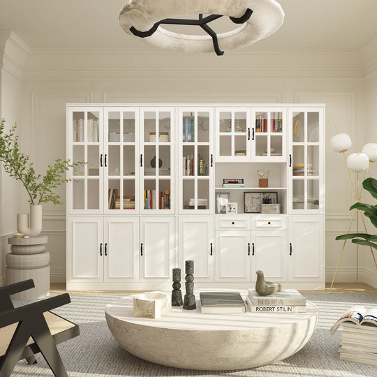 78.7"H Combo Buffet Sideboard White Curio Bookcase Cabinet Glass Door