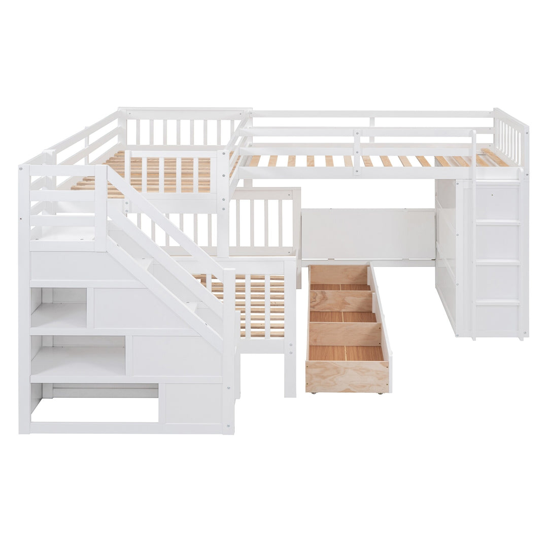 L-Shaped Bunk Bed with Three Drawers, Portable Desk and Wardrobe, Twin-Twin over Full Design