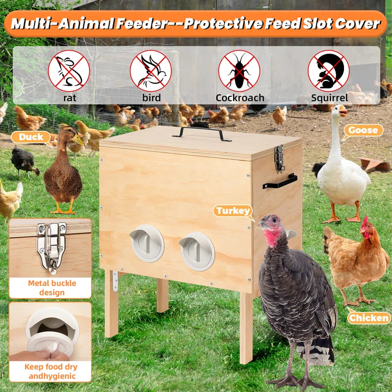 Automatic Wooden Chicken Feeder, Large 40 Lb Capacity, No Waste with Locking Lid & Legs, 6 Port, Supports 15-20 Days of Feeding for Chicken, Goose, Duck & Turkey – Coop Supplies
