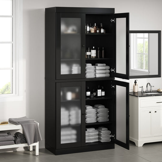 100% Solid Wood Bathroom & Laundry Storage Cabinet, Raised Panel Doors, Adjustable Shelves, 32" Wide, 71.5" Tall