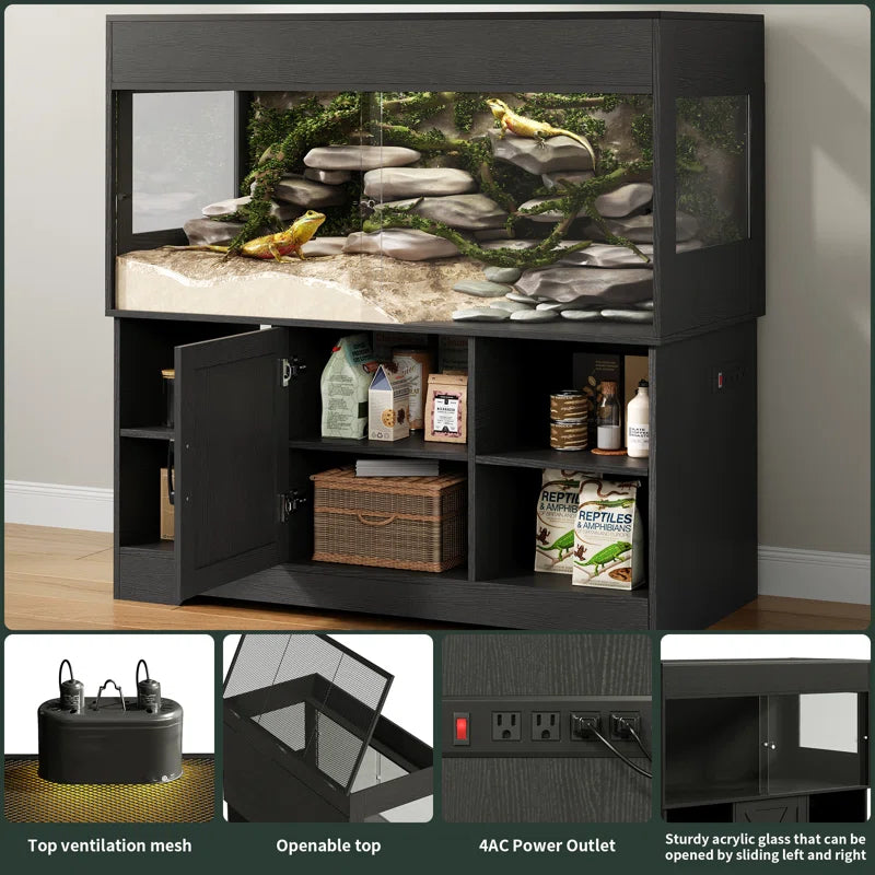 Reptile Tank with Stand, Terrarium Tank with Storage Cabinet, for Lizards, Skinks, Snakes, Sliding Acrylic Doors, Mesh Top, Built-In Power Outlet Px02Rtw
