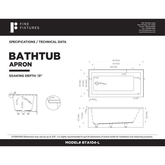 Acrylic-Fiberglass Soaking Bathtub, White. Alcove/Apron Front