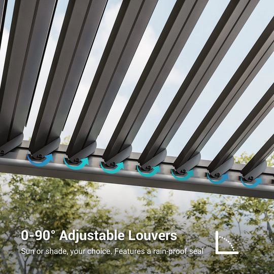 Outdoor Metal Solar LED Louvered Pergola with Adjustable Roof
