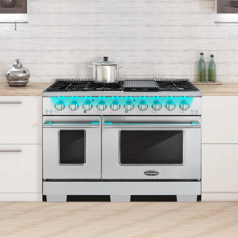 48 In. Vista Collection 5.5 Cu. Ft. Double Oven Gas Range, 8 Italian Burners, LED Panel, Cast Iron Grates, Stainless Steel