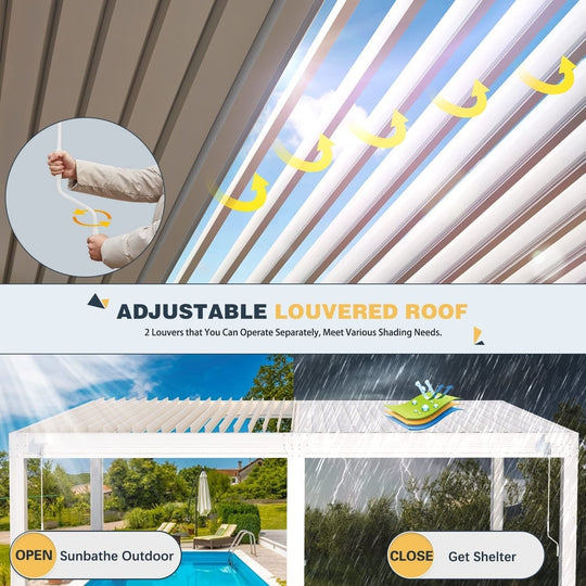 Outdoor Louvered Pergola Gazebo with Adjustable Aluminum Rainproof Roof and Pull-Down Screen