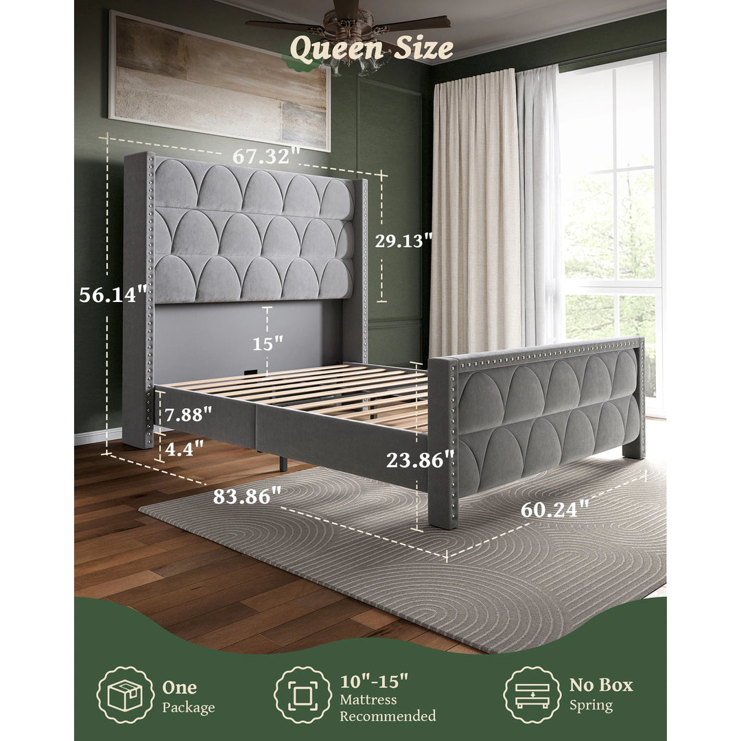 Hansabenne Solid Wood Bed Frame Queen and King Platform Bed Frame with Headboard White and Gray