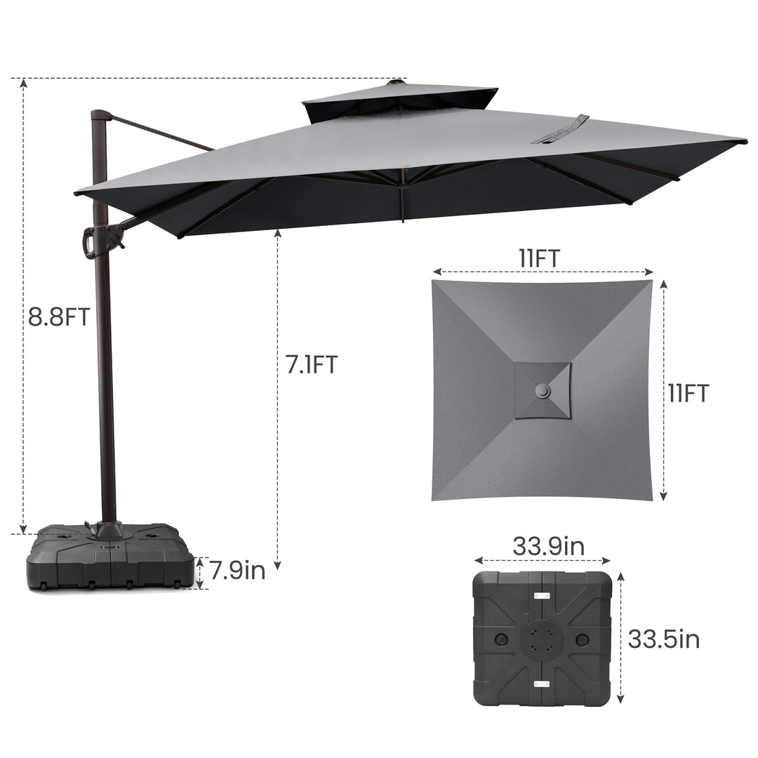 11 X 11 FT Outdoor Square Patio Cantilever Offset Umbrella with Crank and 360 Degrees Rotation