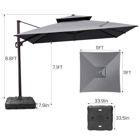 11 X 11 FT Outdoor Square Patio Cantilever Offset Umbrella with Crank and 360 Degrees Rotation