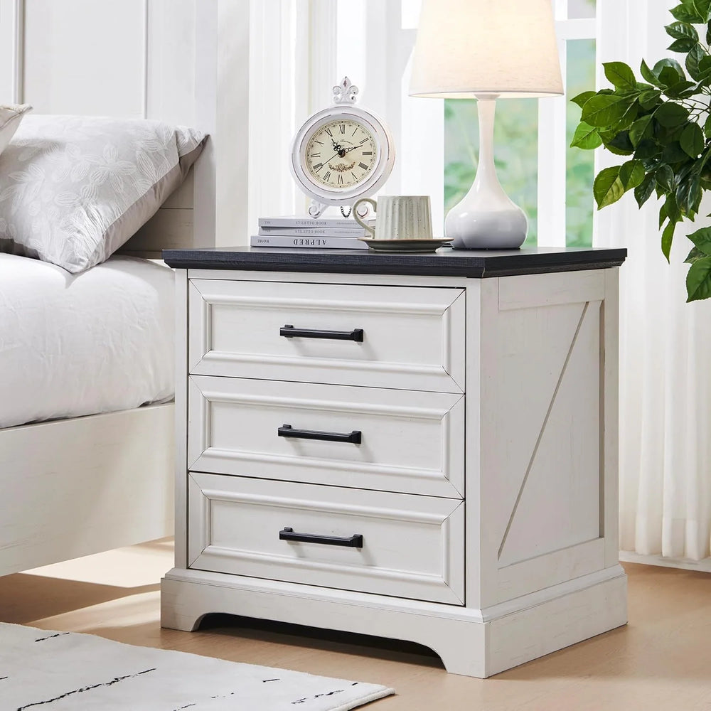 Farmhouse 3-Drawer Nightstand, Wide End Table with Charging Station