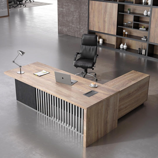 WESOME L-Shaped Executive Office Desk with 2 Drawers 4 Wheels File Cabinets Cable Management