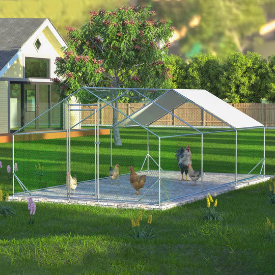 Crellen Metal Chicken Run Coop, Walk-In Poultry Cage with Waterproof & Anti-Uv Cover Lockable Door Design