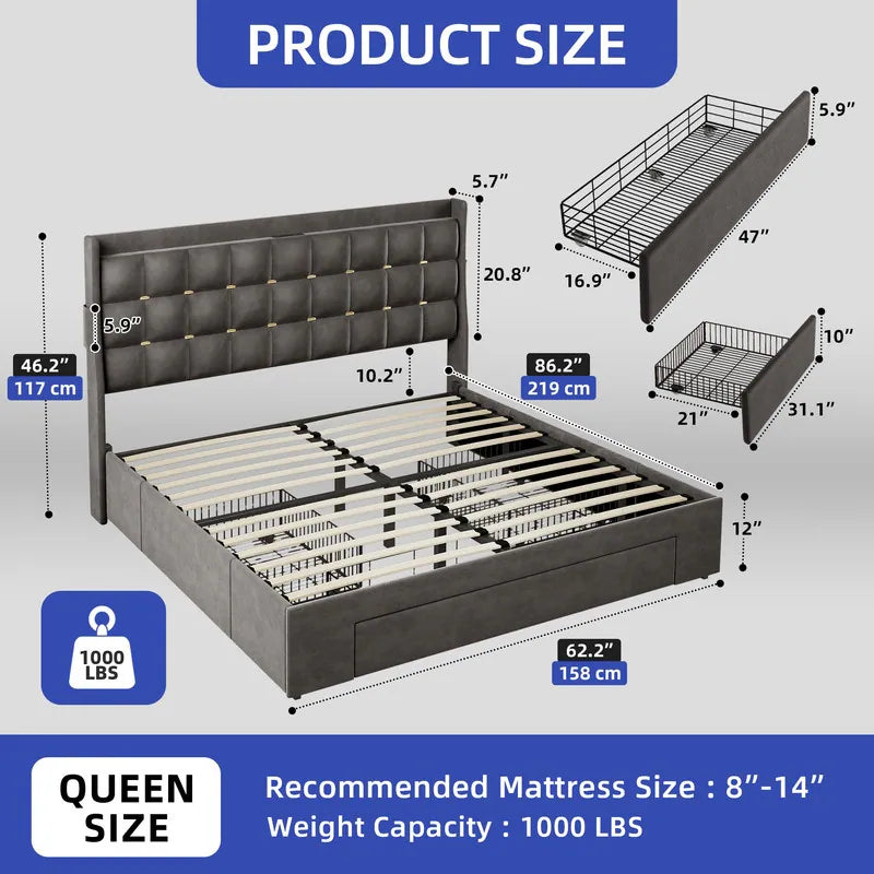 Queen/King Size Velvet Upholstered Bed with Charging Station and Storage Drawers