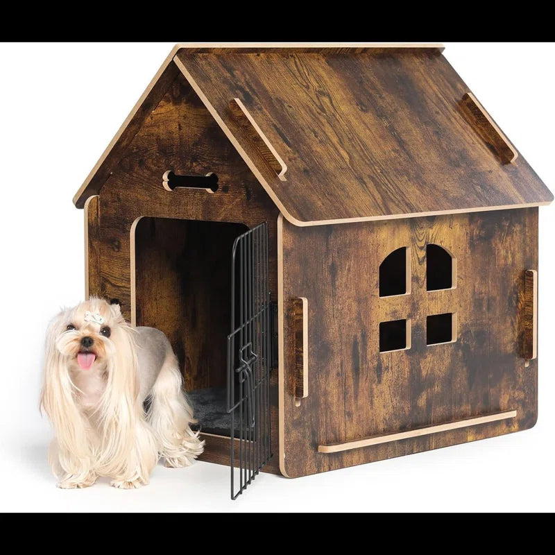 Byrn Wooden Pet House Indoor W/ Roof Dog House W/ Removable Mat and Lockable Door for Small Dog Cat