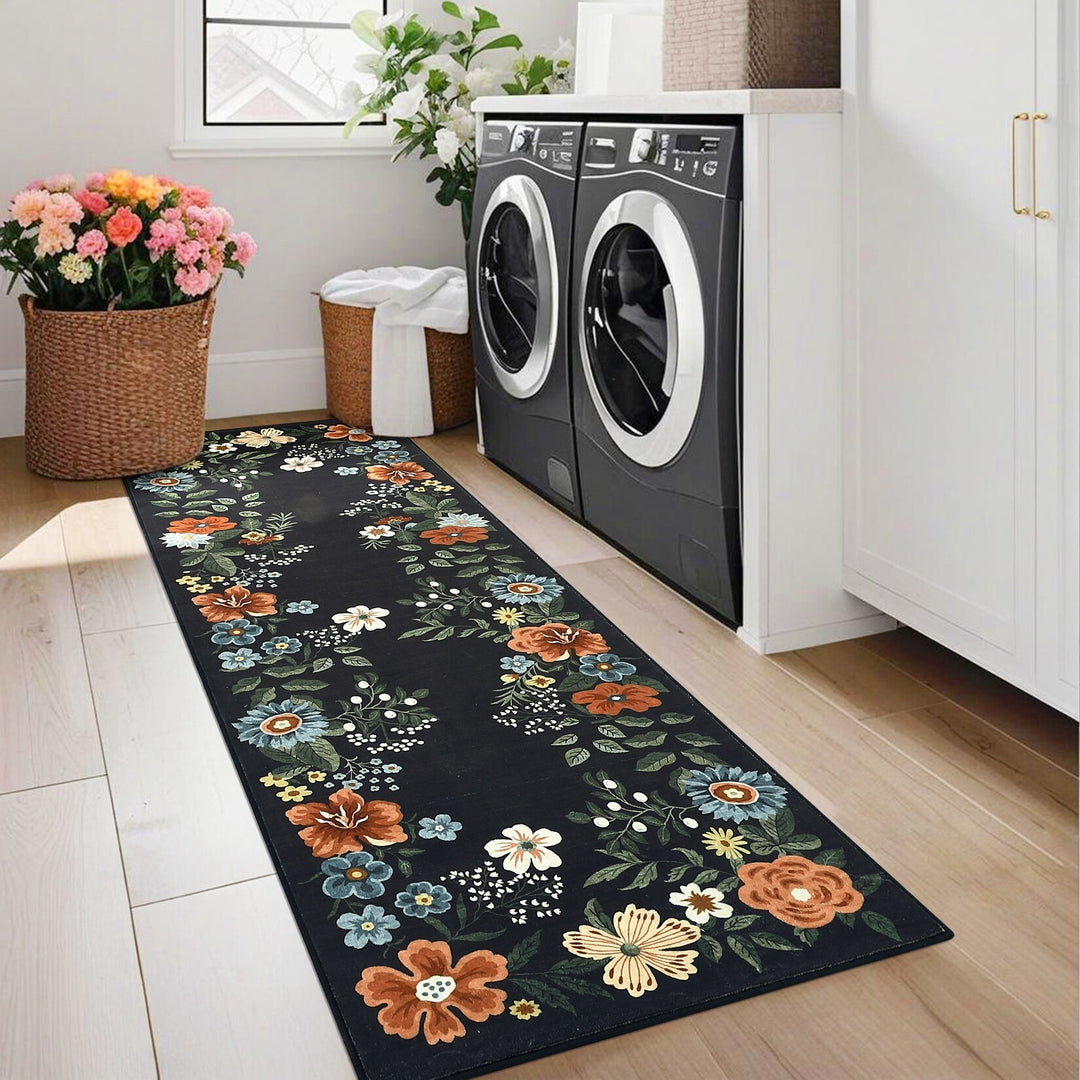 Floral Rugs Modern Indoor Soft Ultra-Thin Carpet Low Pile Flower Print Non Slip Throw Rug for Nursery Bedroom