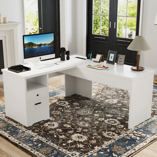 Modern Farmhouse Lift Top L-Shaped Desk with Charge Station, Corner Desk with File Drawers for Home Office