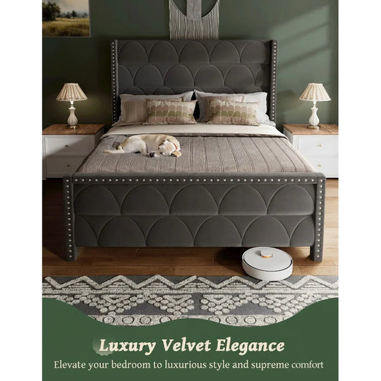 Hansabenne Solid Wood Bed Frame Queen and King Platform Bed Frame with Headboard White and Gray