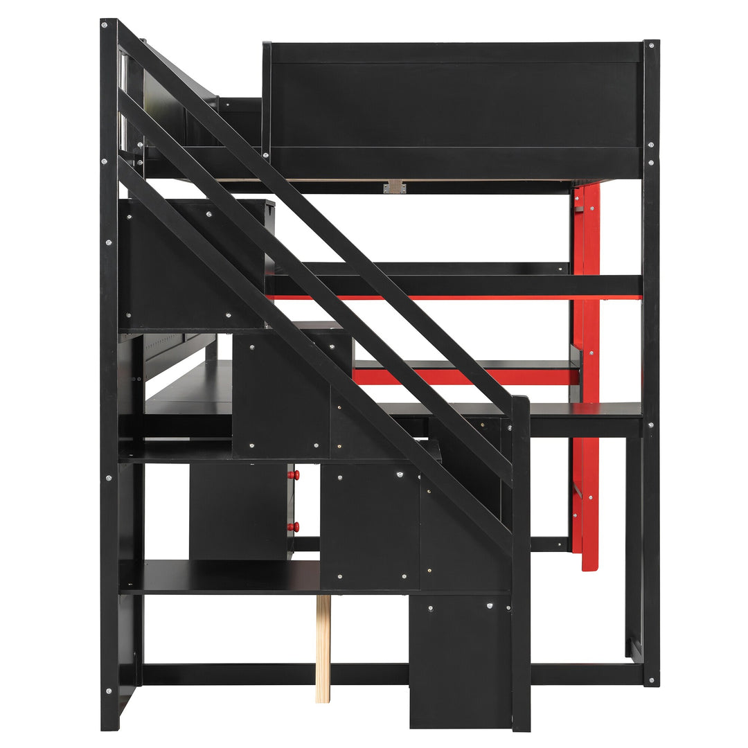 Full Size Wooden Gaming Loft Bed with Storage Stairs, Desk, Shelves and Pegboard