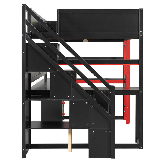 Full Size Wooden Gaming Loft Bed with Storage Stairs, Desk, Shelves and Pegboard