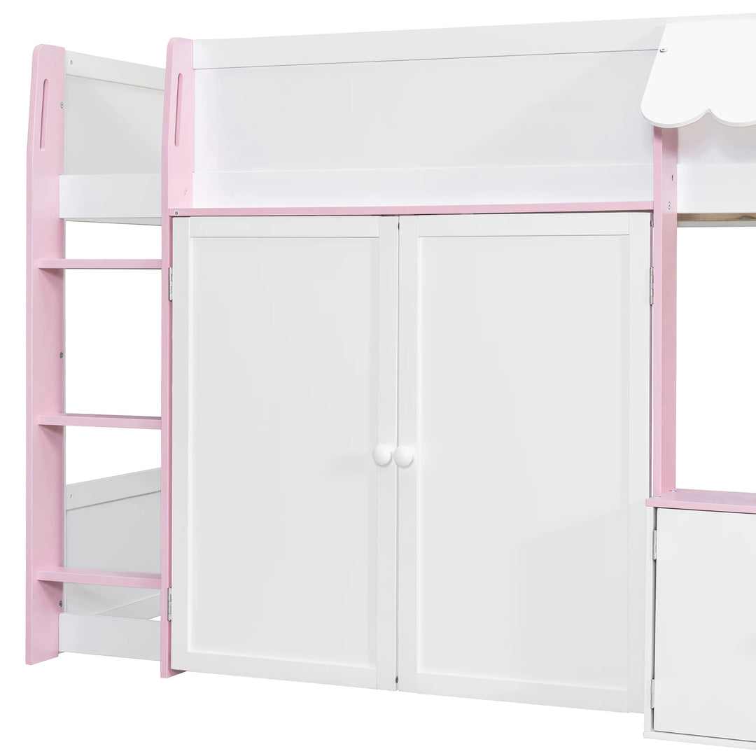 Full Loft House Bed with Playhouse Storage Modern Wood Cabin Bed for Kids