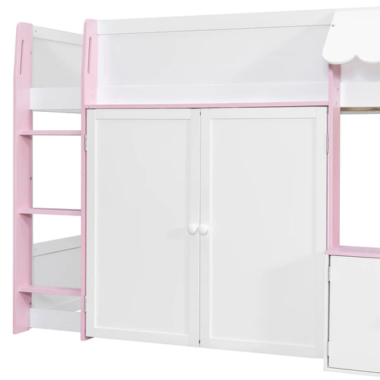 Full Loft House Bed with Playhouse Storage Modern Wood Cabin Bed for Kids
