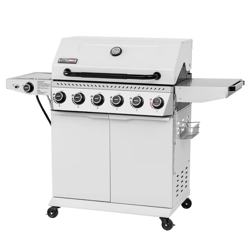 6-Burner BBQ Liquid Propane Gas Grill with Sear Burner and Side Burner, White