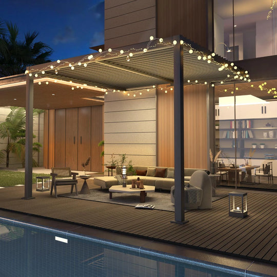 Outdoor Louvered Pergola Gazebo with Adjustable Aluminum Rainproof Roof and Pull-Down Screen
