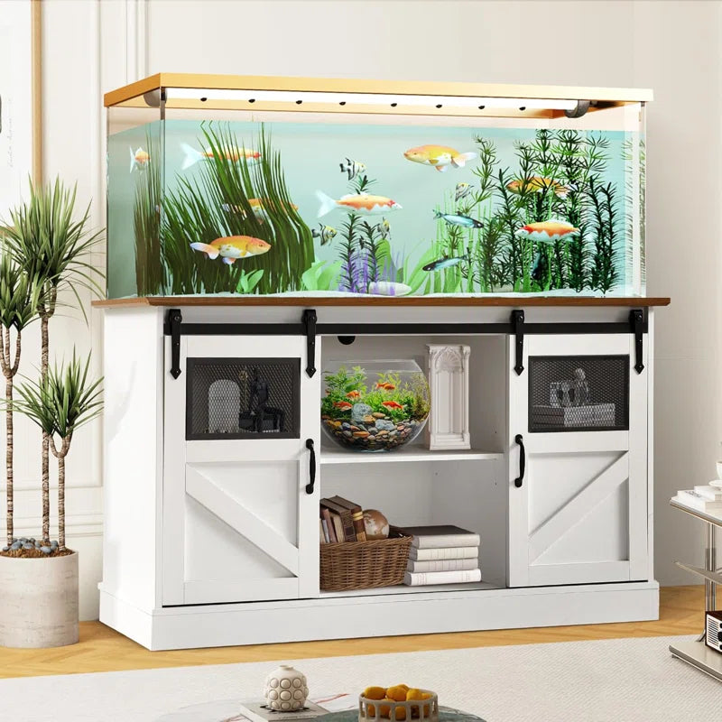 55-75 Gallon Fish Tank Stand with Power Outlet, Heavy Duty Large Aquarium Stand with Sliding Barn Door and Cabinet Storage for 2 Fish Tank Turtle Tank Reptile Terrarium, 1000Lbs Capacity