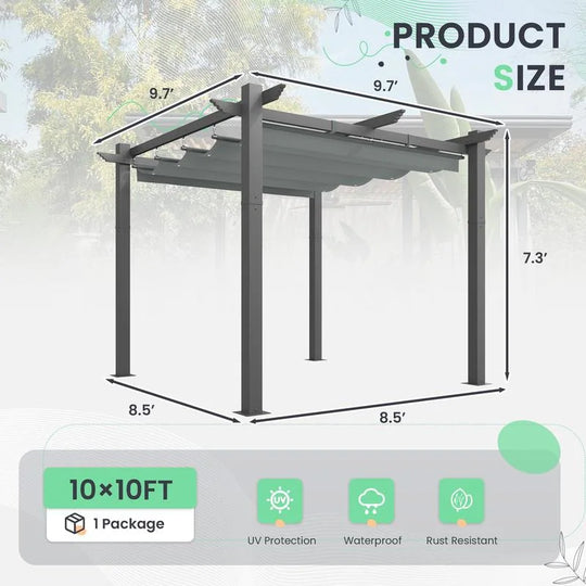 10' X 13' Outdoor Pergola with Retractable Canopy, Heavy-Duty Metal Frame and Adjustable Patio Shade Roof