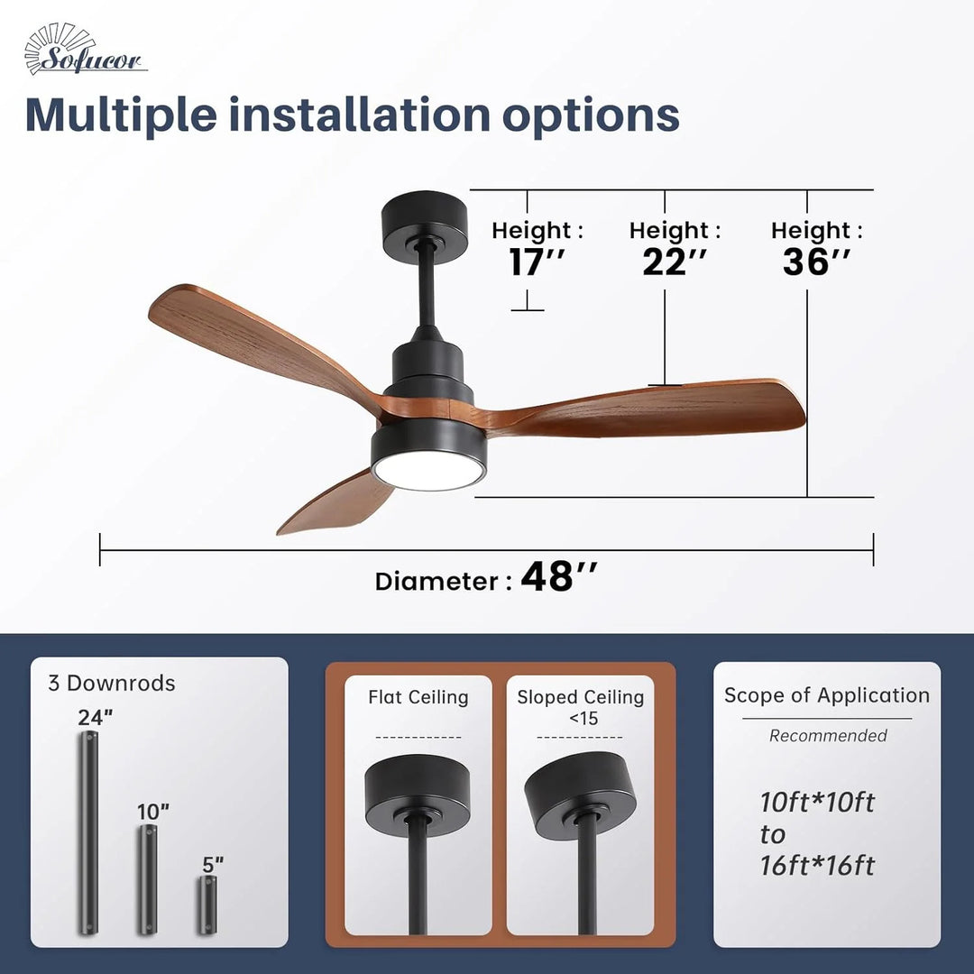 Sofucor 42"/48"/ 52"/60"Noiseless Walnut Wood Ceiling Fan with Remote Control, Integrated Light Optional