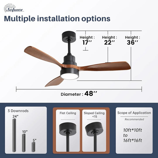 Sofucor 42"/48"/ 52"/60"Noiseless Walnut Wood Ceiling Fan with Remote Control, Integrated Light Optional