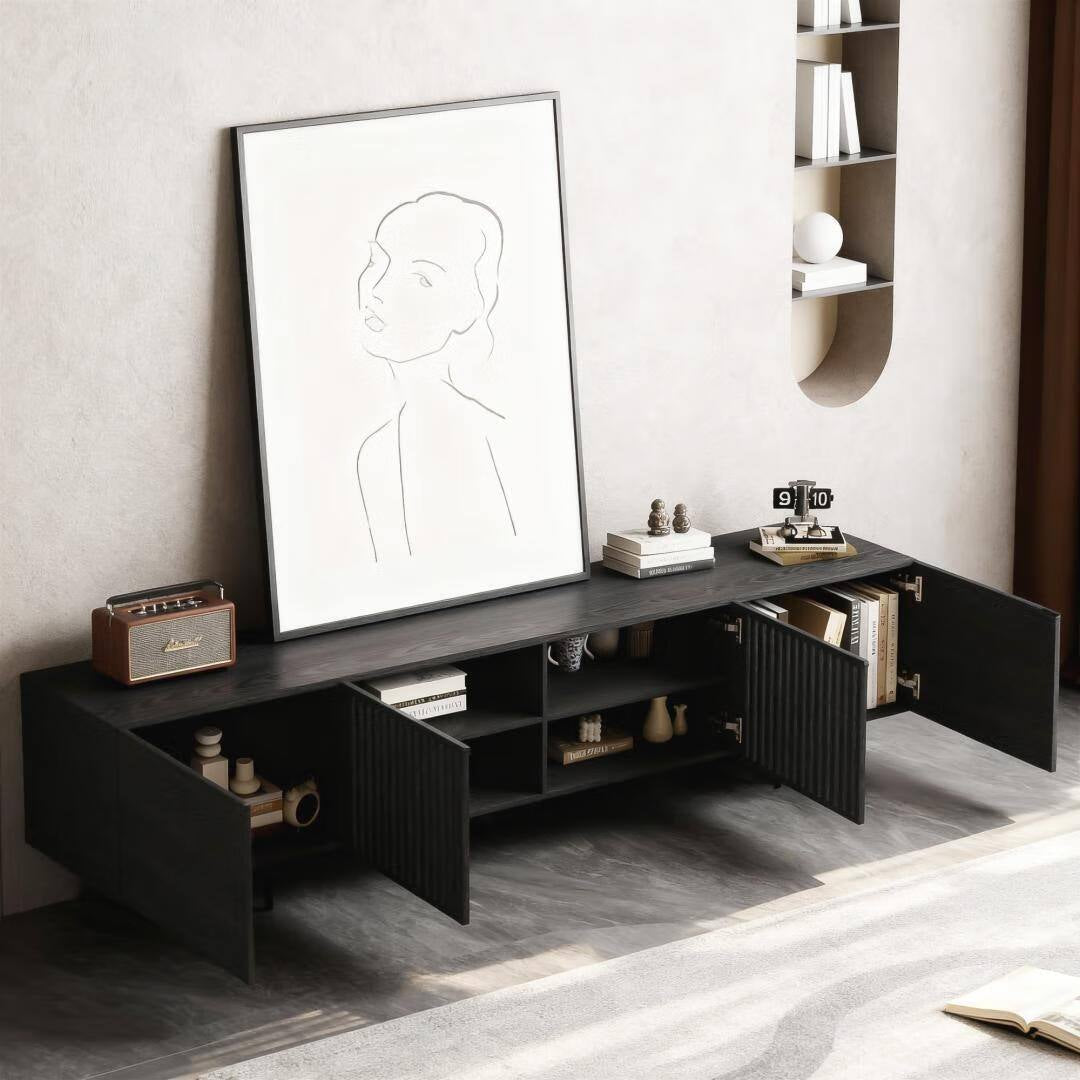 94.48 Inch Extra Long Black TV Stand with Slatted Doors, Modern Entertainment Center for Tvs up to 100 Inches,