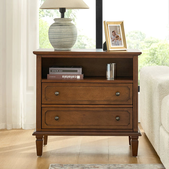 Kamilo Transitional 28''W 2-Drawers End Table with Built-In Charging Station and Solid Wood Legs by