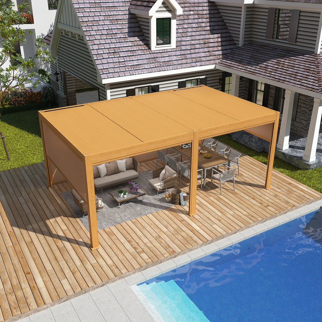 Outdoor Louvered Pergola Gazebo with Adjustable Aluminum Rainproof Roof and Pull-Down Screen
